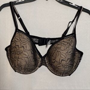 Wacoal Black Lace Overlay Underwire Bra 38D Sheer Floral Full Coverage